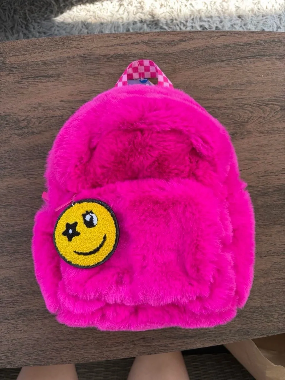 Claire's Plush Hot Pink Kids Backpack with Yellow Smiley Patch
